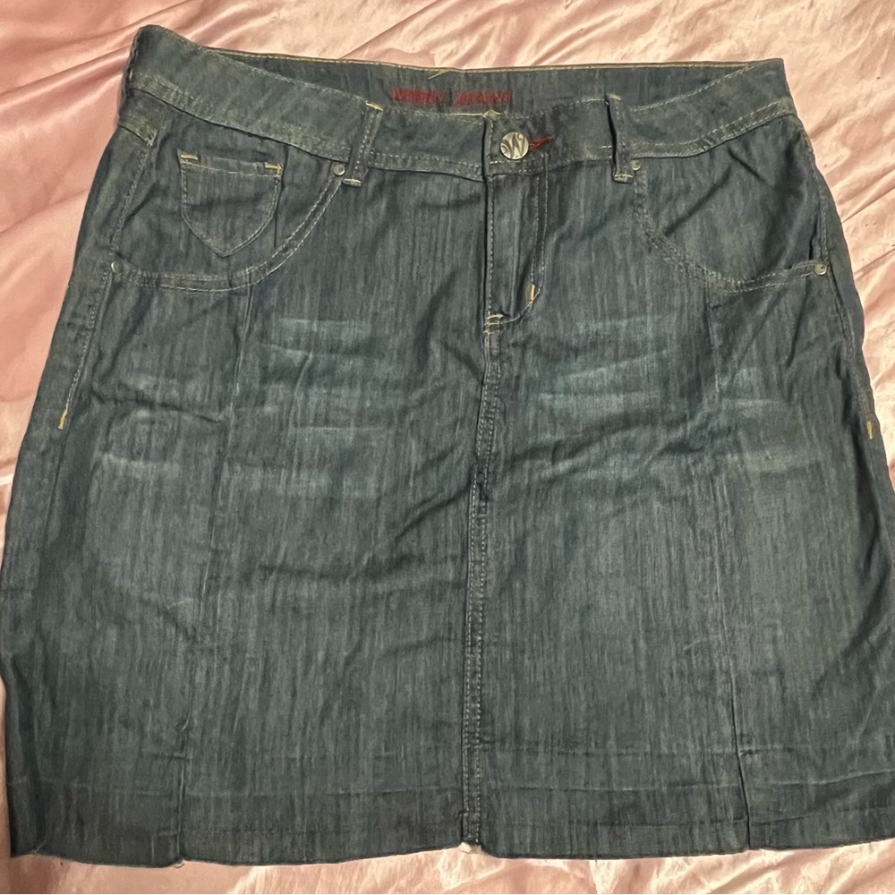 Worn Jeans Denim Mini Skirt Womens Size 10 Blue Jean Skirt Front Zip Y2K